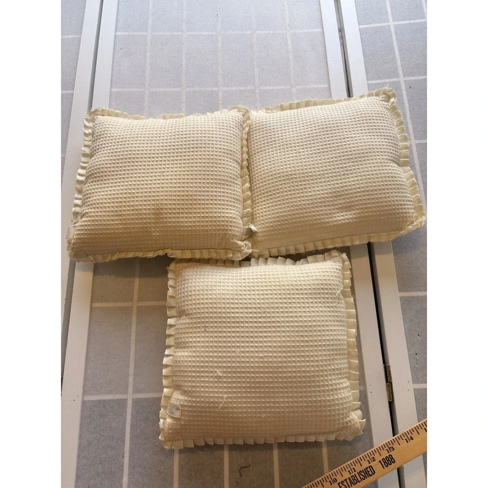 3 Cottagecore Shabby Chic Mini Pillows PEACE JOY LOVE Embroidered Floral Rosette